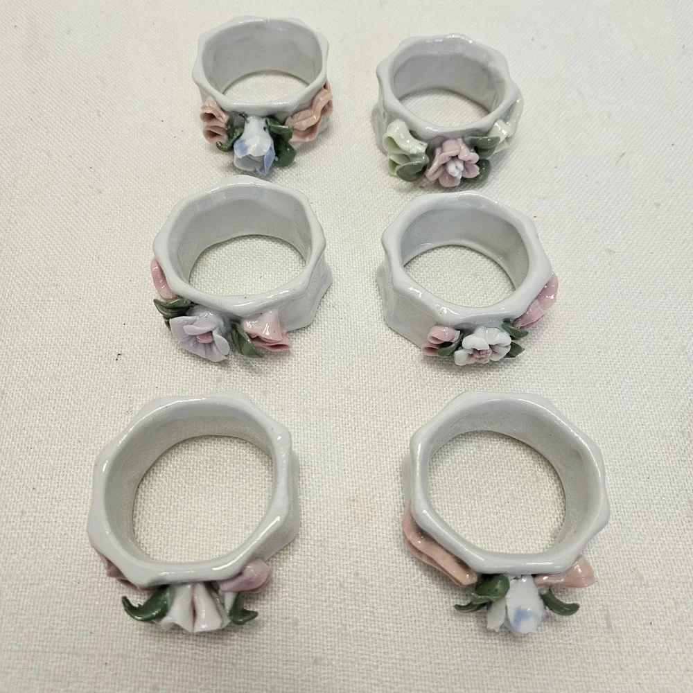 Vintage VTG Napkin Rings Set of 6 White Floral Porcelain Table Decor Cottagecore